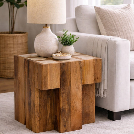 Marlowe Wood Travertine Block Side Table | Glass House Furnishings