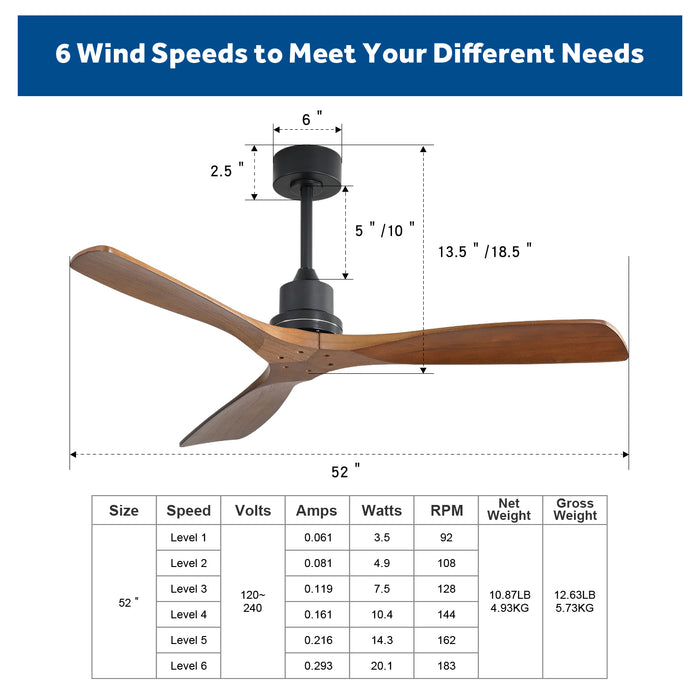 52-inch Outdoor Farmhouse Ceiling Fan With Remote & Carved Wood Blades, Reversible Motor