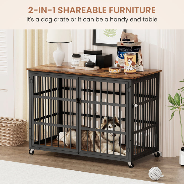 Furniture style dog crate wrought iron frame door with side openings, Rustic Brown, 43.3''W x 29.9''D x 33.5''H.