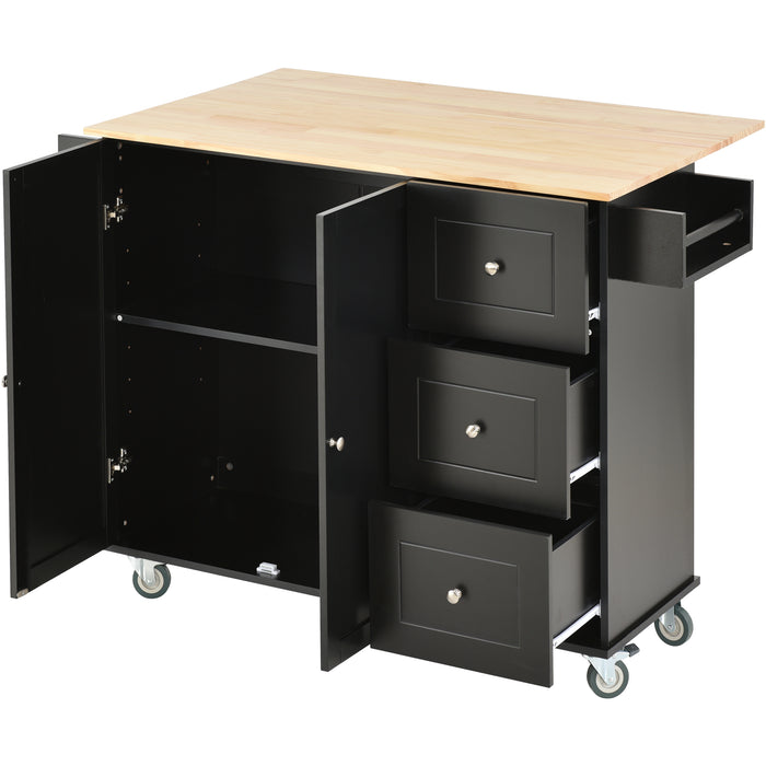 Rolling Mobile Kitchen Island with Solid Wood Top and Locking Wheels, with 52.7 Inch Width, Storage Cabinet, and Drop Leaf Breakfast Bar, including Spice Rack, Towel Rack & Drawer, Black