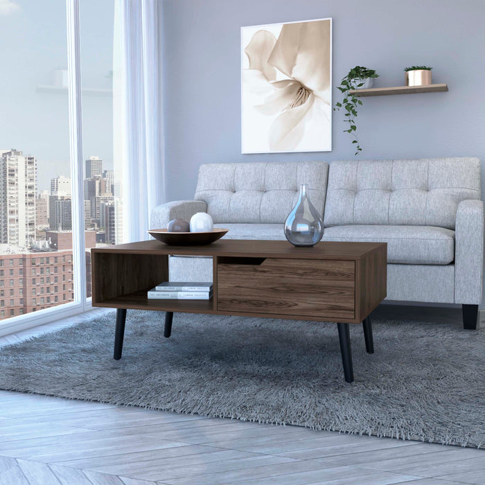 Coffee Table Bull, One Drawer, One Open Shelf, Four Legs, Dark Walnut Finish