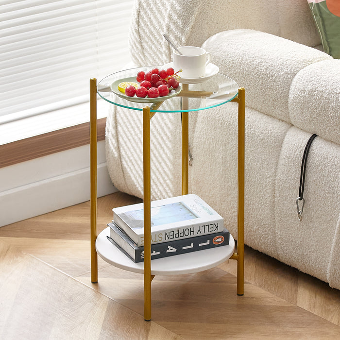 2-layer End Table with Tempered Glass and  Marble Tabletop, Round Coffee Table with Golden Metal Frame for Bedroom Living Room Office (1 piece)