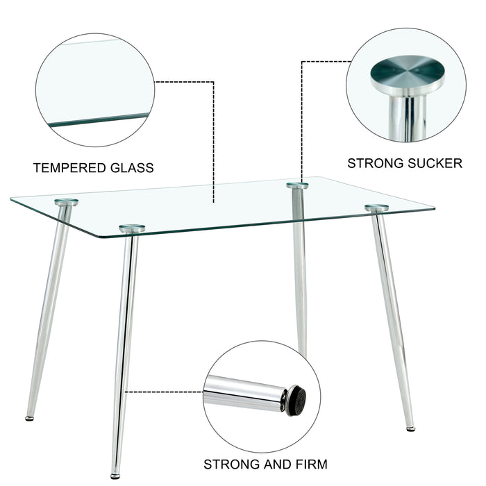 Glass dining table, dining chair set, 4 White dining chairs and 1 dining table Table size 51" W x 31.5"D x 30" H