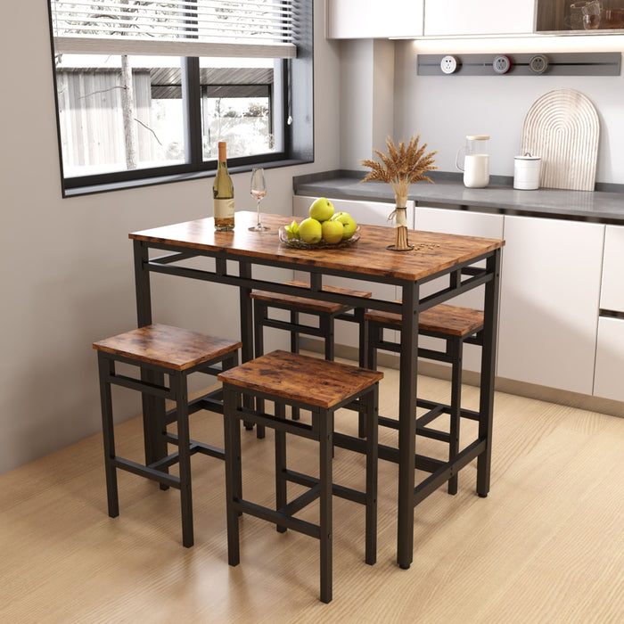 Bar table set 5PC Dinging table set with high stools, structural strengthening, industrial style. Rustic Brown, 43.31'' L x 23.62'' W x 35.43'' H.