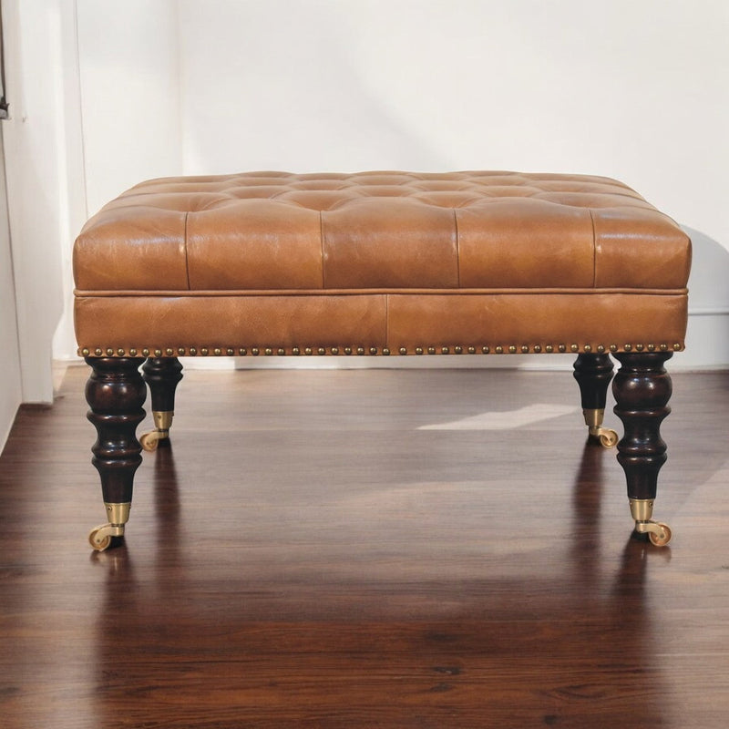 Bennett Studded Tan Buffalo Leather Ottoman with Castor Legs Glass House Furnishings