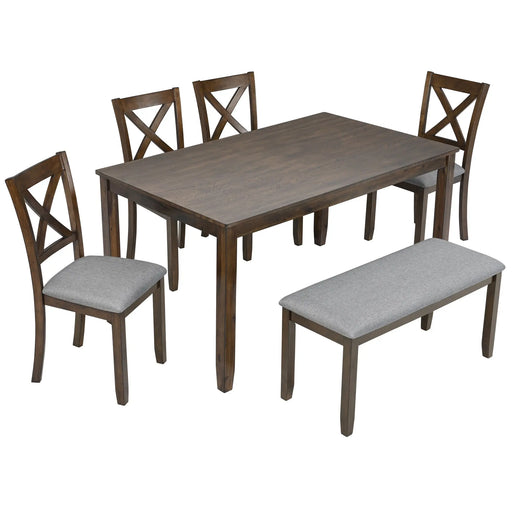 6PCs Kitchen Dining Set, Rectangular Wooden Dining Table with 4 Upholstered Chairs and a Bench, Dining Table Set for 6 People, Living Room, Home Bar and Kitchen, Walnut Glass House Furnishings