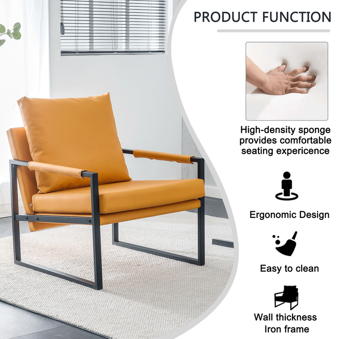 Mid Century PU Leather Accent Armchair, Upholstered Sofa Chair with Metal Frame, Extra-Thick Padded Backrest, and Seat Cushion - Comfortable Foam Padding - Ideal for Living Room and Home, Orange