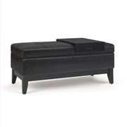 Oregon 42 inch Wide Storage Ottoman Bench with Tray in Distressed Black Vegan Leather Glass House Furnishings