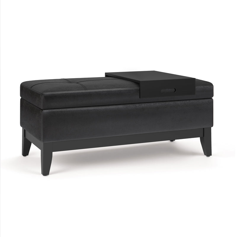 Oregon 42 inch Wide Storage Ottoman Bench with Tray in Distressed Black Vegan Leather Glass House Furnishings