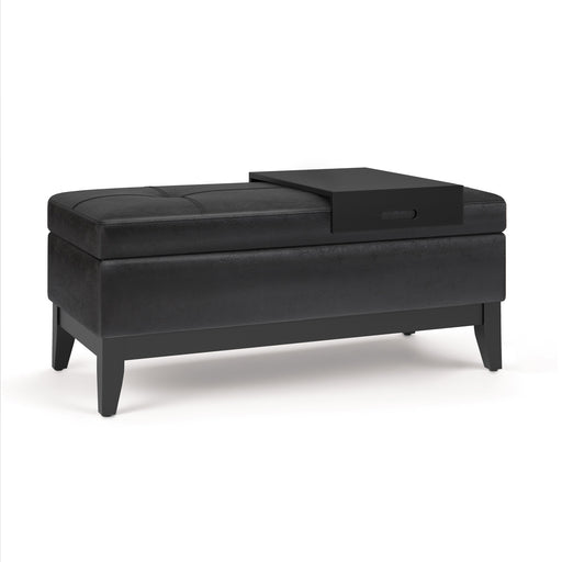 Oregon 42 inch Wide Storage Ottoman Bench with Tray in Distressed Black Vegan Leather Glass House Furnishings