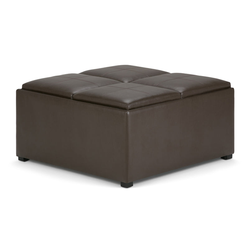 Avalon Dark Brown Vegan Leather Coffee Table Storage Ottoman Glass House Furnishings