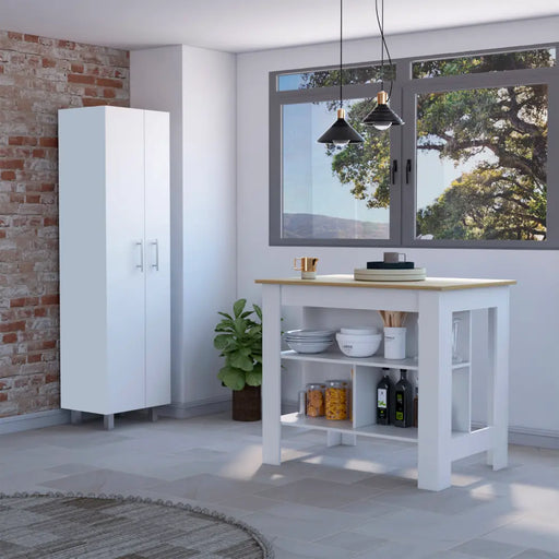 Hayne 9-Shelf 2-Door 2-piece Kitchen Set, Kitchen Island and Pantry White and Light Oak Glass House Furnishings