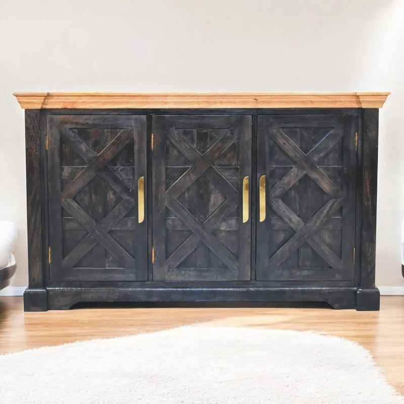 Solid Wood Regal Rustic Sideboard, 6 Compartments, Gold, Ash Black and Brown Glass House Furnishings