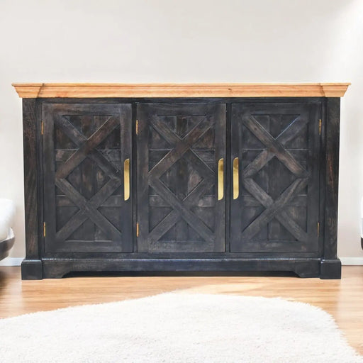 Solid Wood Regal Rustic Sideboard, 6 Compartments, Gold, Ash Black and Brown Glass House Furnishings