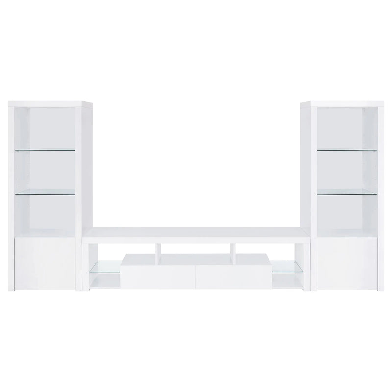 Lance White High Gloss 3-Piece TV Entertainment Center with Glass Shelves and Soft-Close Drawers, Gloss White Finish, Engineered Wood Construction Glass House Furnishings