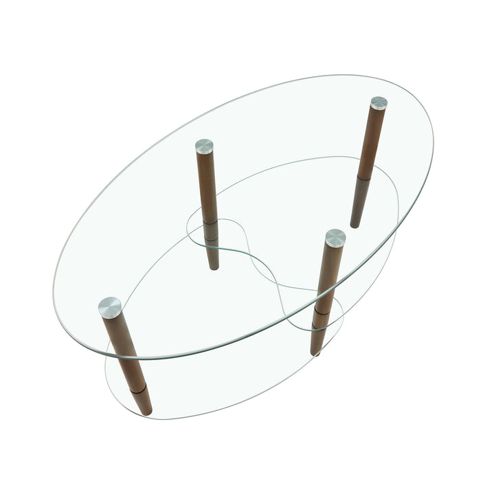 Transparent Oval glass coffee table, modern table in living room Oak wood leg tea table 3-layer  glass table