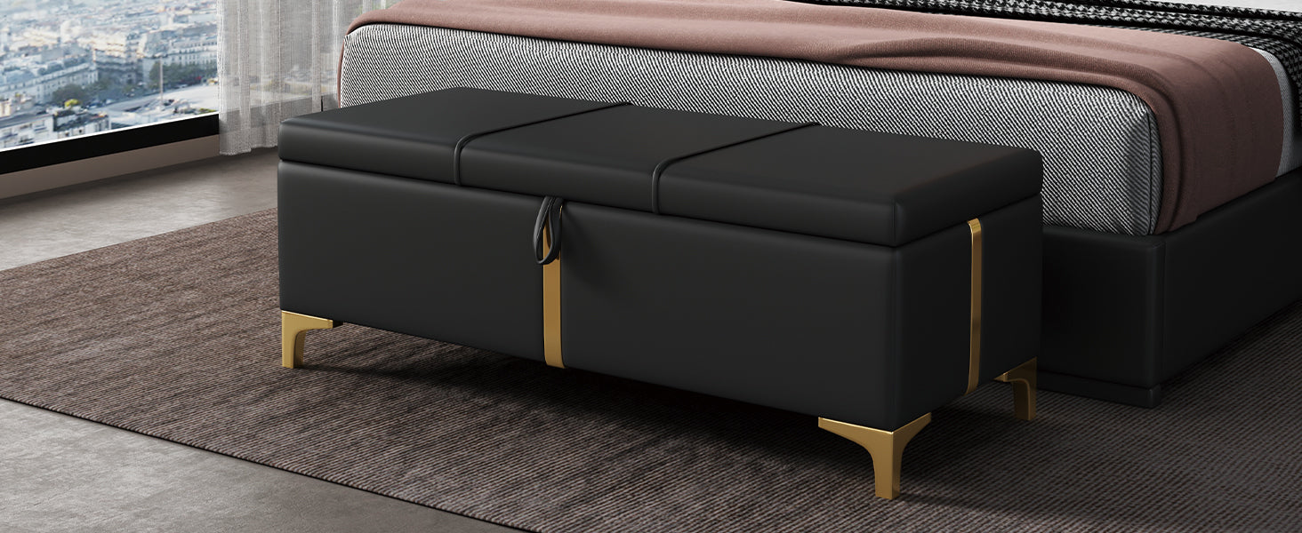 Elegant Upholstered Storage Ottoman,Storage Bench with Metal Legs for Bedroom,Living Room,Fully Assembled Except Legs,Black