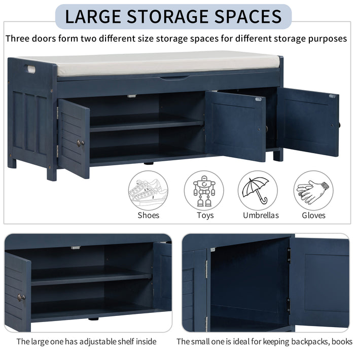 TREXM Storage Bench with 3 Shutter-shaped Doors, Shoe Bench with Removable Cushion and Hidden Storage Space (Antique Navy, OLD SKU: WF284226AAM)