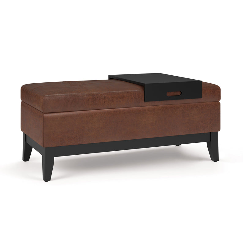 Oregon 42 inch Wide Storage Ottoman Bench in Distressed Saddle Brown Vegan Leather with Removable Tray Glass House Furnishings