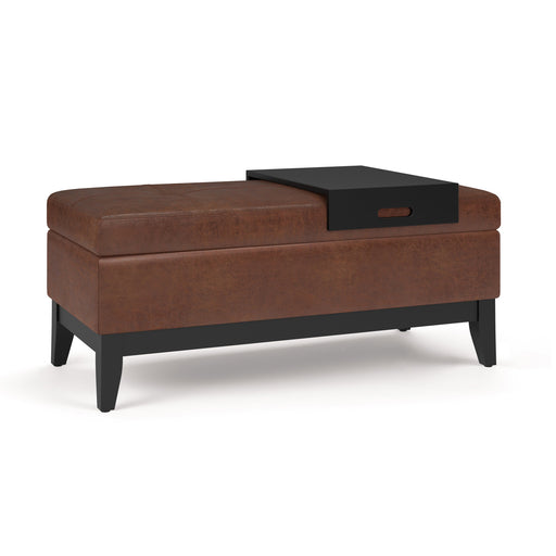 Oregon 42 inch Wide Storage Ottoman Bench in Distressed Saddle Brown Vegan Leather with Removable Tray Glass House Furnishings