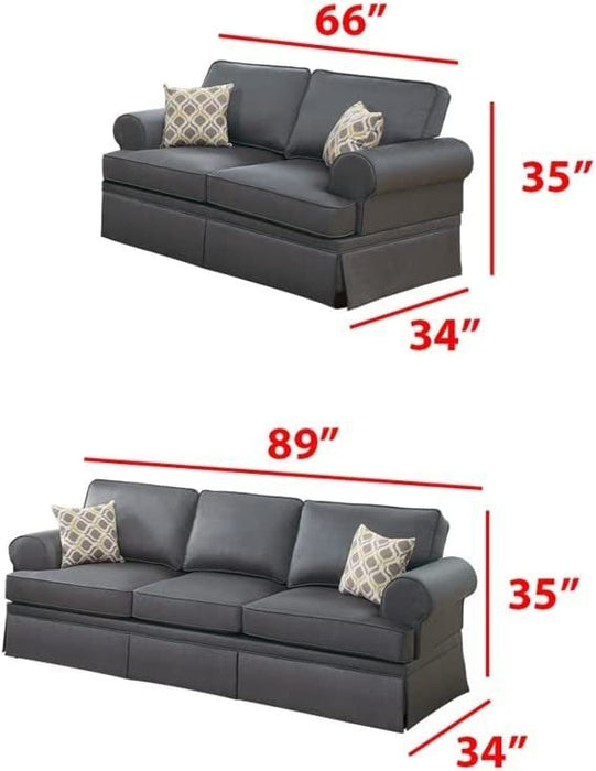 Charcoal Glossy Polyfiber 2-Piece Sofa Set With Loveseat, Pillows, Rolled Armrest - Living Room Furniture Couch