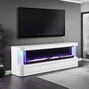 Contemporary Style TV Stand Electric Fire Place 3-Level Brightness Setting Flame Box Display White Finish Primary Living Room Glass House Furnishings