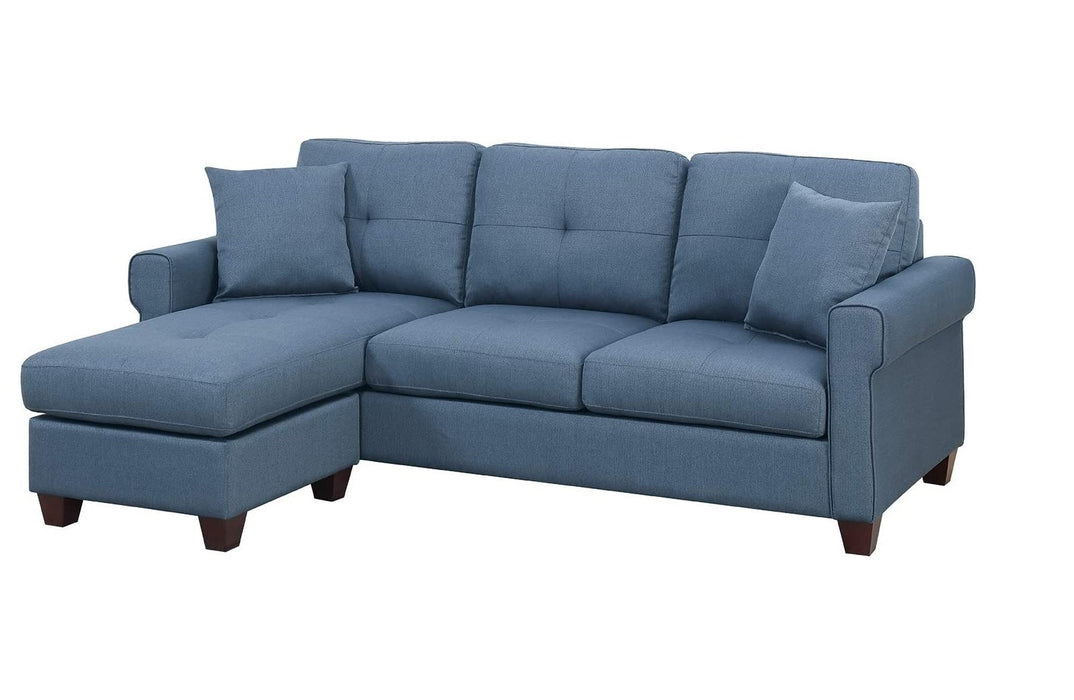 Blue Glossy Polyfiber Tufted Cushion Sectional Sofa With Reversible Chaise, Living Room Furniture