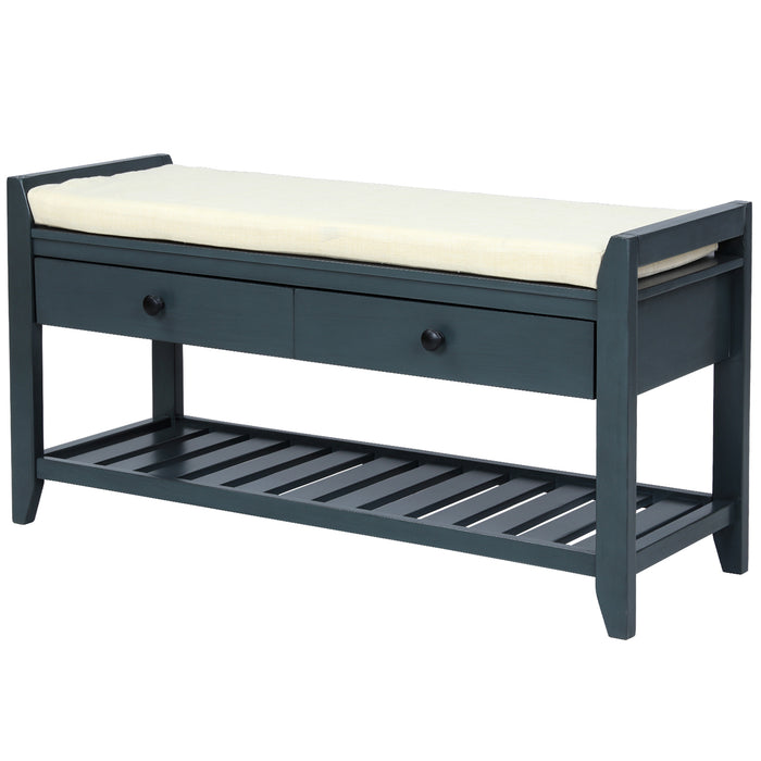 TREXM  Shoe Rack with Cushioned Seat and Drawers, Multipurpose Entryway Storage Bench, Antique Navy