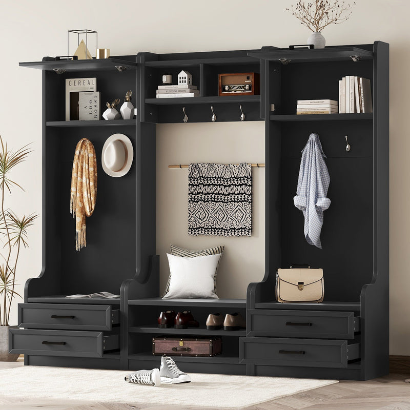 Camden Black 4-in-1 Hall Tree with Shoe Bench and Storage Glass House Furnishings