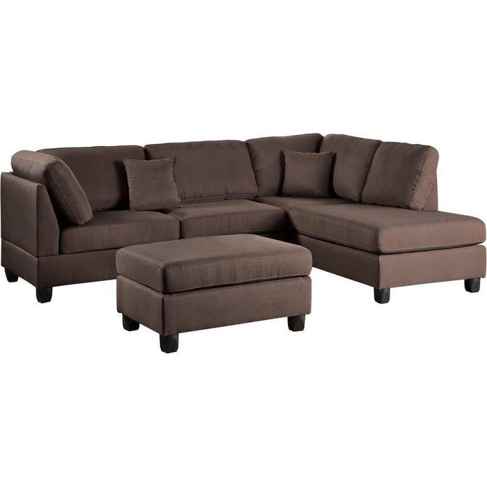 3-Piece Chocolate Color Sectional Living Room Furniture, Reversible Chaise Sofa & Ottoman Set With Polyfiber Linen-Like Fabric Cushions