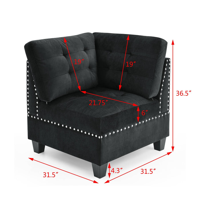 L-Shape Modular Sectional Sofa Set, DIY Combination with 3 Single Chairs, 2 Corners, and 2 Ottomans - Black Velvet