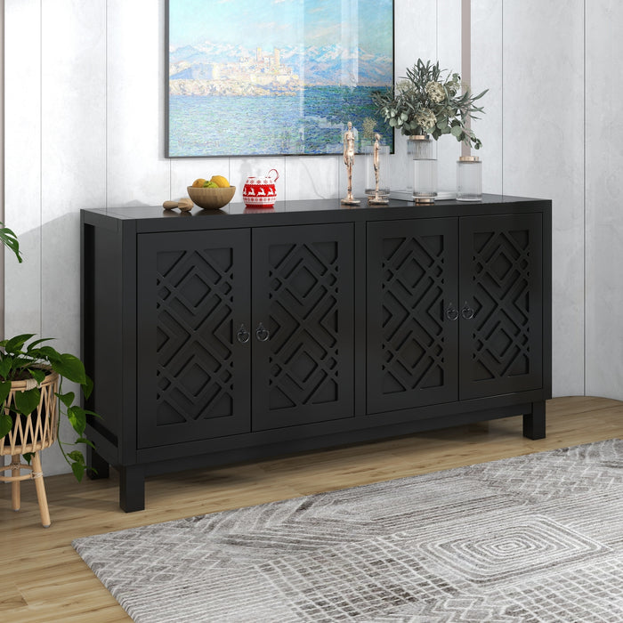 TREXM Large Storage Space Sideboard, 4 Door Buffet Cabinet with Pull Ring Handles for Living Room, Dining Room (Black)