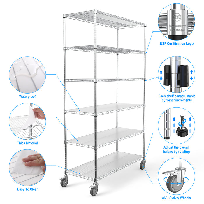 6 Tier Wire Shelving Unit, 6000 LBS NSF Height Adjustable Metal Garage Storage Shelves with Wheels, Heavy Duty Storage Wire Rack Metal Shelves - Chrome - 204882