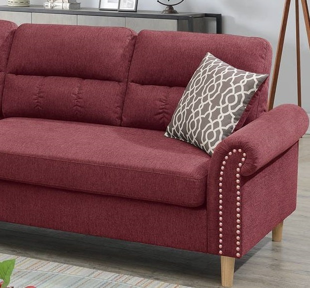 Paparika Red Color Polyfiber Reversible Sectional Sofa Set Chaise Pillows Plush Cushion Couch Nailheads