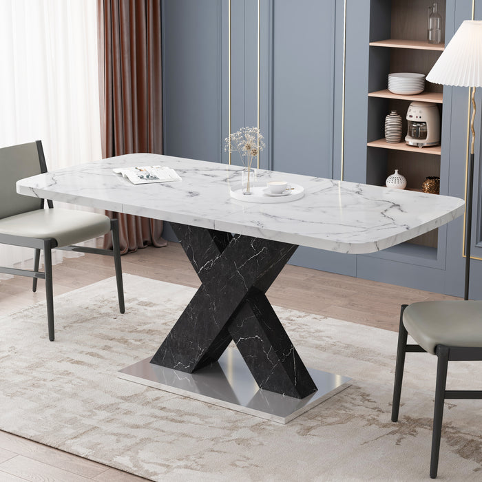 Modern Square Dining Table, Stretchable, White Marble Table Top+MDF Black X-Shape Table Leg with Metal Base