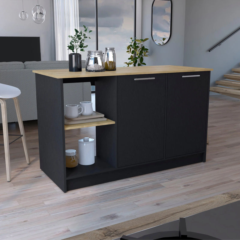Juniper Kitchen Island with Large Top Surface, Double Door Cabinet, and Open Shelves Glass House Furnishings