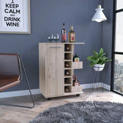 Bar Cart, Four Casters, Single Door Cabinet, Two External Shelves, Light Gray Glass House Furnishings