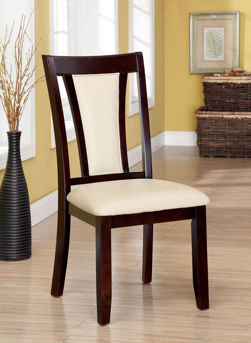 Set of 2 Solid Wood Side Chairs With Padded Leatherette Upholstered Seats - Contemporary Kitchen Dining Room Furniture, Dark Cherry & Ivory