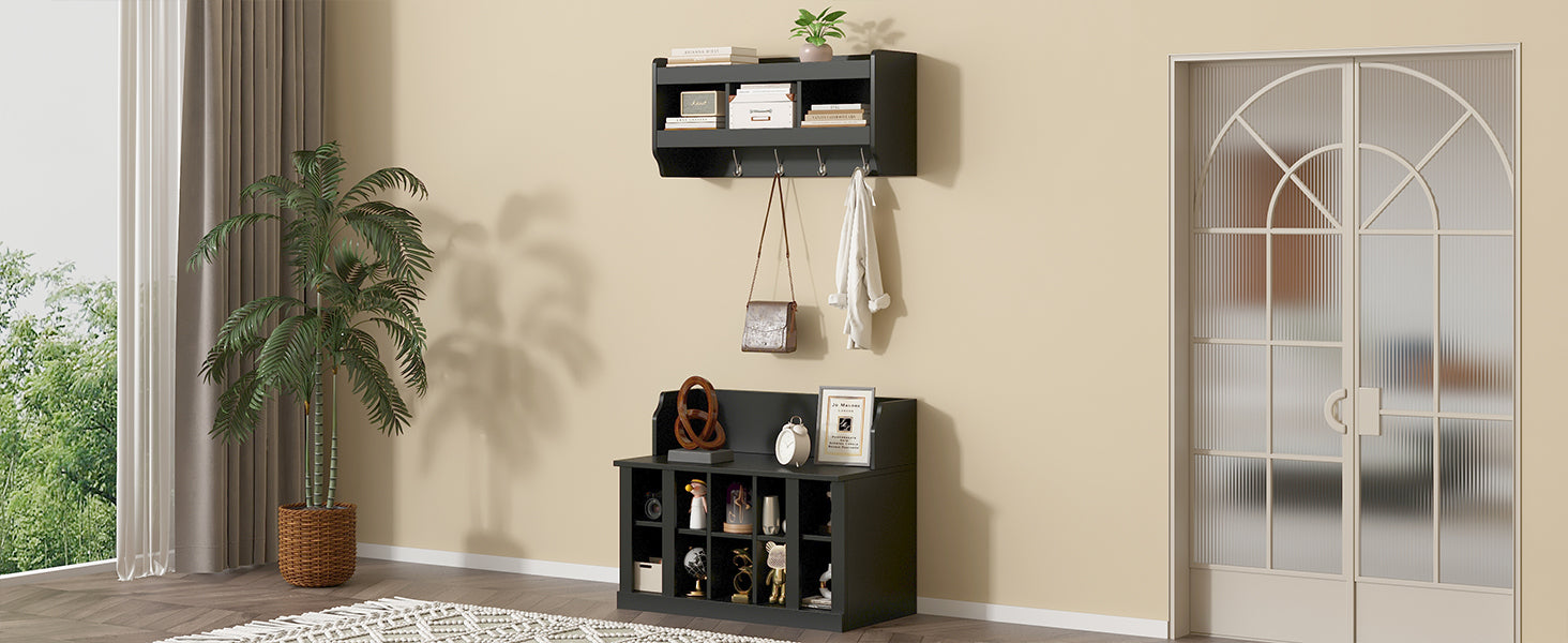 ON-TREND Shoe Storage Bench with Shelves and 4 Hooks, Elegant Hall Tree with Wall Mounted Coat Rack, Entryway Organizer For Hallway, Foyer, Mudroom, Black