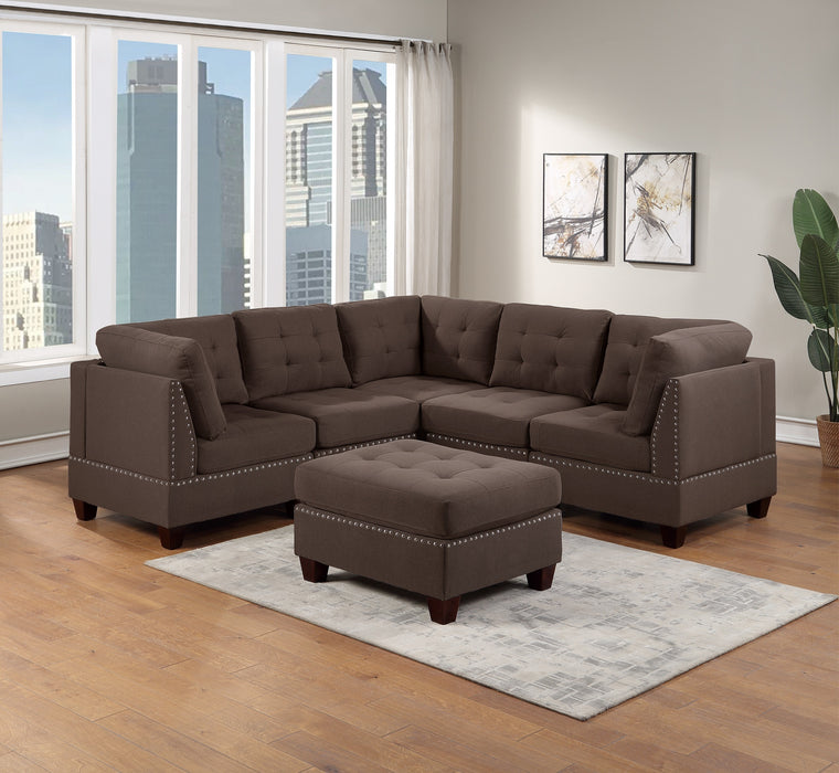 Modular Sectional 6pc Set Living Room Furniture Corner Sectional Tufted Nail heads  Couch Black Coffee Linen Like Fabric 3x Corner Wedge 2x Armless Chairs and 1x Ottoman