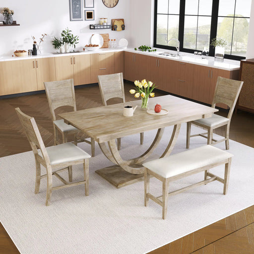 TOPMAX 6-Piece Wood Half Round Dining Table Set Kitchen Table Set with Long Bench and 4 Dining Chairs, Modern Style, Seadrift Glass House Furnishings