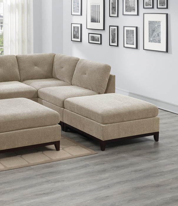 Camel Chenille Fabric Modular Sectional 6pc Set Living Room Furniture Corner L-Sectional Couch 2x Corner Wedge 2x Armless Chairs and 2x Ottomans Tufted Back Exposed Wooden Base