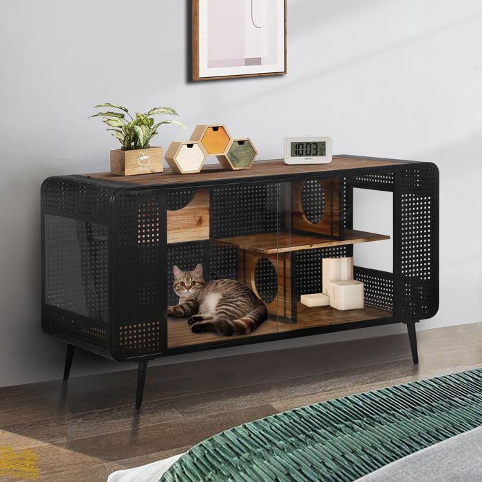 55.12-Inch Spacious Cat House With Tempered Glass, Perfect For Living Room, Hallway, Study, and More