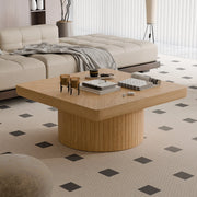 34.6'' Square Coffee Table for Living Room, Modern Wood Veneer Top with Parquet Pattern & Cylindrical Base, Thickened Tabletop, Easy Assembly, Natural Wood Glass House Furnishings