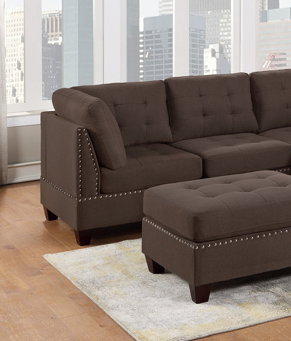 Modular Sectional 6pc Set Living Room Furniture L-Sectional Black Coffee Linen Like Fabric Tufted Nailheads 2x Corner Wedge 2x Armless Chairs and 2x Ottomans