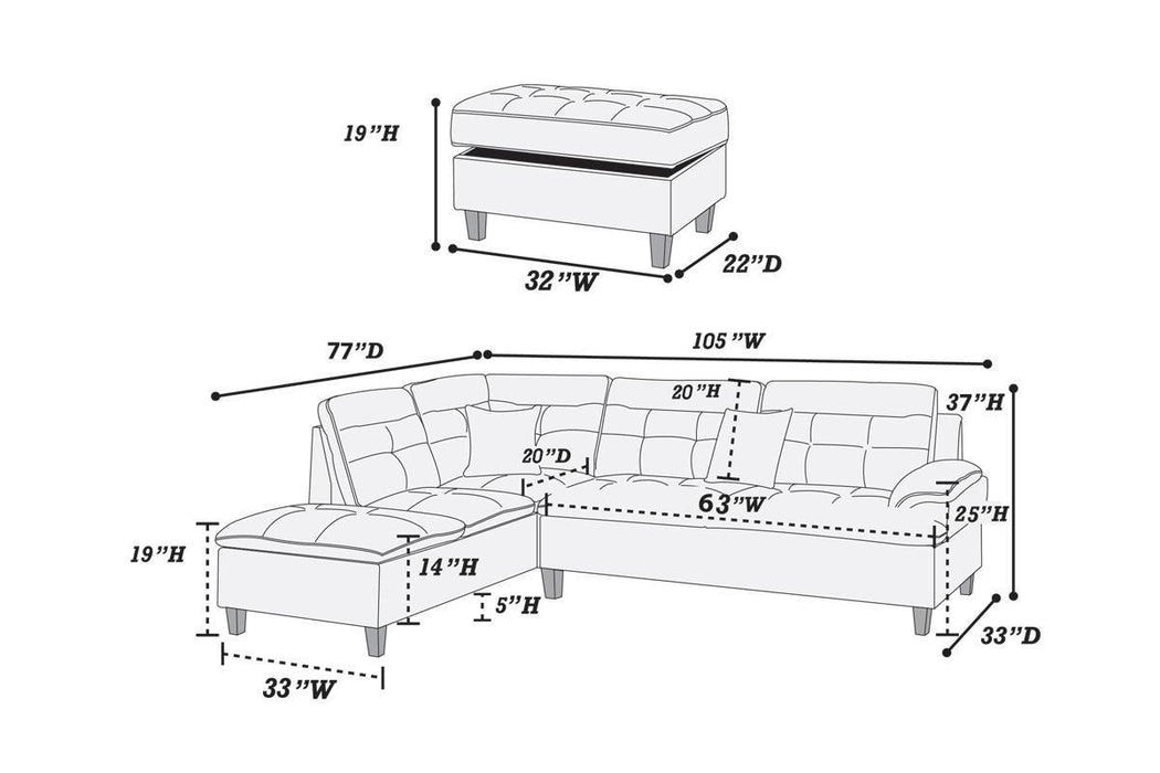 3-Piece Sectional Sofa with Ottoman, Linen-Like Fabric, Sofa Chaise - Living Room Furniture, Grey