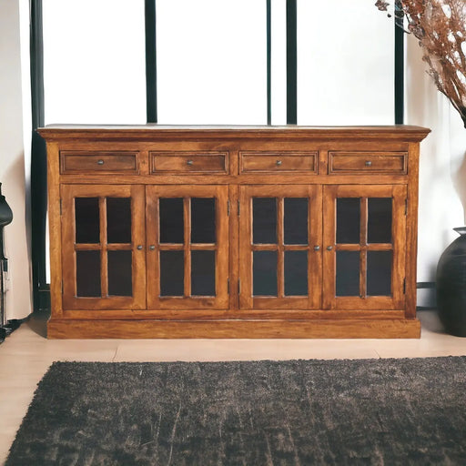 Solid Wood Large Glazed Sideboard, 4-Drawers, 4-Shelves, Chestnut, Dark Brown Glass House Furnishings