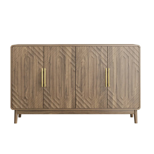 Modern Carved 4-Door Sideboard Buffet Cabinet with Storage, Adjustable Layer Board, Walnut Finish Glass House Furnishings