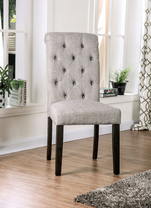 Set of 2 Classic Antique Black/Light Gray Side Chairs, Button Tufted Linen-Like Fabric, Solid Wood, Upholstered Scroll Back - Rustic Dining Room Furniture