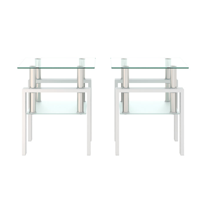 Set of 2, Modern Tempered Glass Tea Table Coffee Table End Table, Square Table for Living Room, Transparent/White